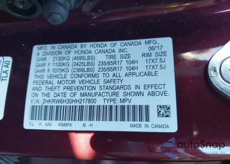 2017 Honda Cr-V Lx из США, поврежденный, VIN 2HKRW6H30HH217800